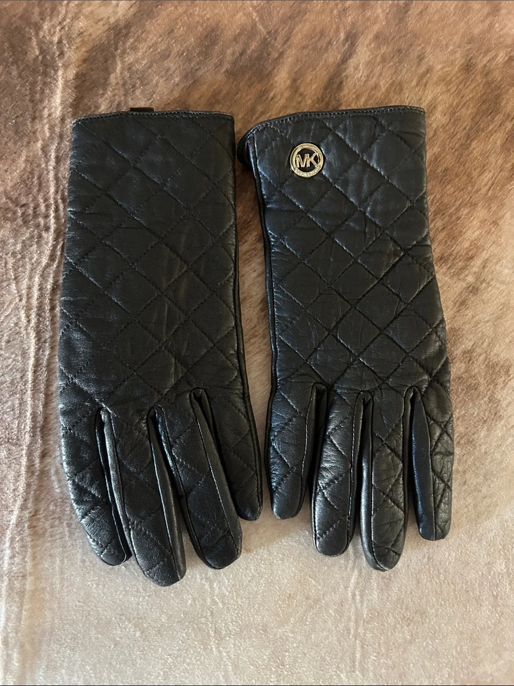 Michael Kors Black Quilted Leather Gloves with Gold MK Button